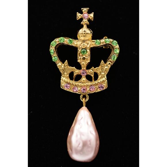 Vintage Royal Crown Pin Brooch Dangle Pearl Green Crystal Gold NOS 1980s BinA13 - Picture 1 of 12